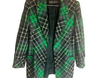 Escada Margaretha Ley Vintage Green Plaid Wool Blazer Studded Longline Jacket 40