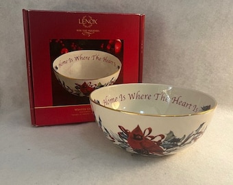 Lenox Winter Greetings Sentiment Bowl In Original Box! Home is Where The Heart Is Bowl Red Cardinal