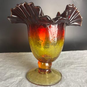 Vintage Blenko Amberina Crackle Glass Vase Ruffled Edge Pedestal Footed Decor
