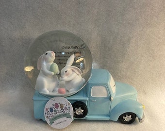 Adorable Rabbit Bunny Snow water Globe blue truck