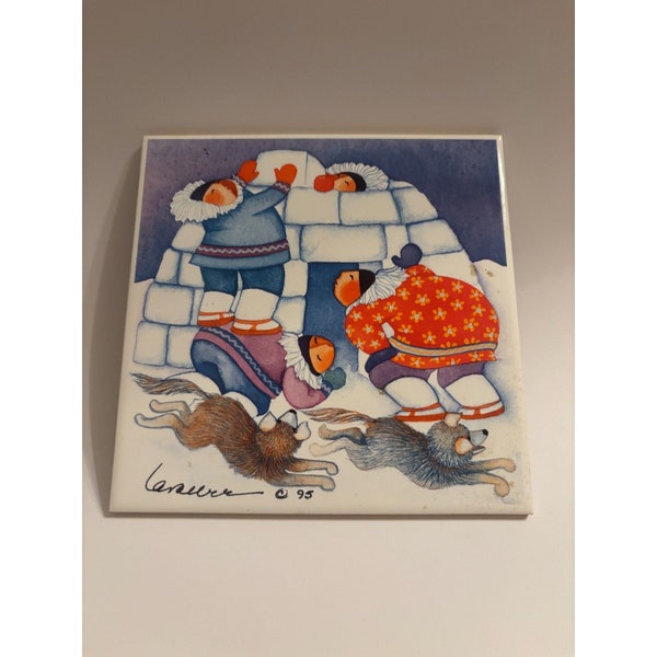 Barbara Lavallee Inuit Tile Trivet Wall Plaque Alaska Igloo Children Husky 1995