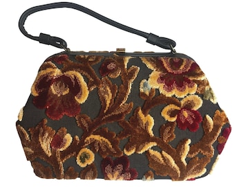Vintage Garay Floral Carpet Bag Handbag Velvet Tapestry Frame Bag Black Gold