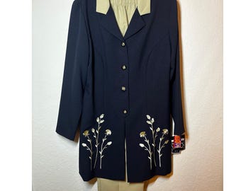 Karis Korner Womens 18 Navy Blue Tan 2pc Pant Suit Floral Embroidered Blazer NWT
