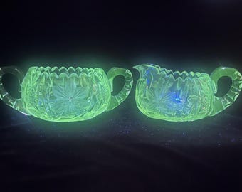 EAPG Clear glass Sugar and Creamer with flower, saw tooth rim
