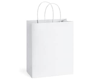 Bolsas de regalo de papel kraft blanco con asas | Empaques para pequeñas empresas | Bolsas para venta al por menor | Paquetes de 10, 30 o 50 unidades