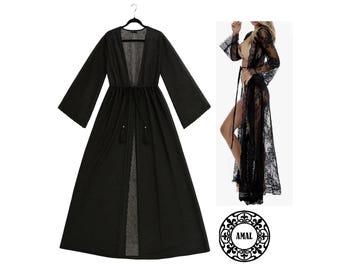 Amal. Black Lace Robe with Waist Tie | Elegant Transparent Dressing Gown | Lace Cover-Up for Dress or Swimwear. USA. Model 110