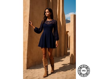 Amal. Black Lace Dress with Sheer Lace Bodice and Long Lace Sleeves | Elegant Evening Dress with Elastic Cuffs, Model 134, USA