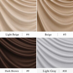 May include: A grid of four fabric swatches showing draped material in different colours. The top left is labelled Light Beige #4, top right is Beige #5, bottom left is Dark Brown #9, and bottom right is Light Gray #10, each with smooth folds.