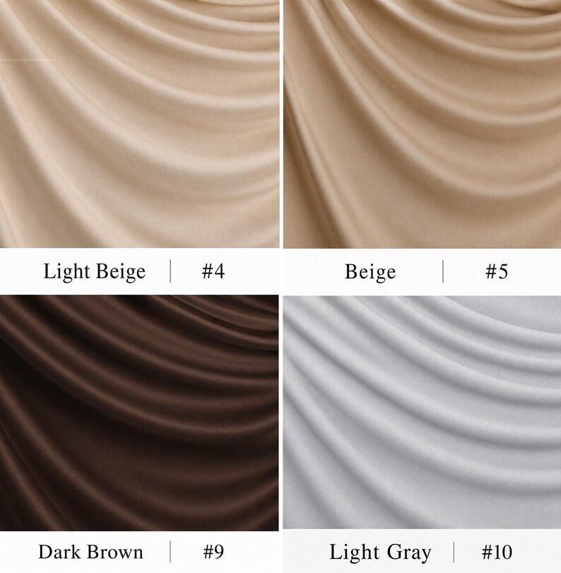 May include: A grid of four fabric swatches showing draped material in different colours. The top left is labelled Light Beige #4, top right is Beige #5, bottom left is Dark Brown #9, and bottom right is Light Gray #10, each with smooth folds.