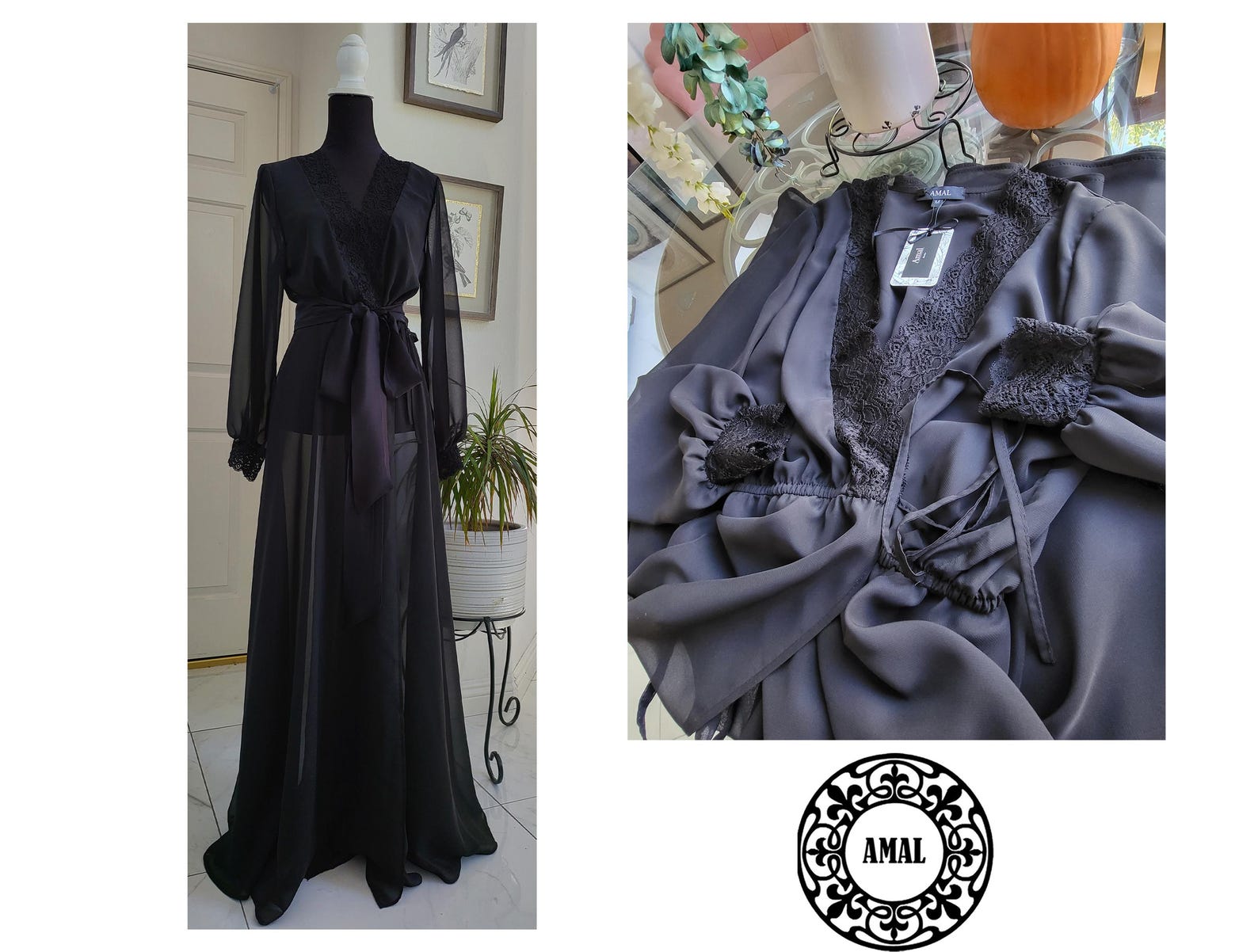 AMAL. Long Sheer Black Chiffon Robe With Lace Trim and Belt, Model 138 ...