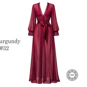 AMAL. Long Sheer Black Chiffon Robe With Lace Trim and Belt, Model 138 ...