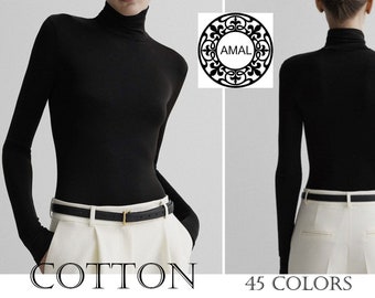 Amal Women's Basic Turtleneck Long Sleeve Shirts. Cotton. USA. Model B10.