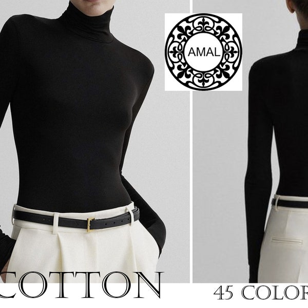 Amal Women's Basic Turtleneck Long Sleeve Shirts. Cotton. USA. Model B10.