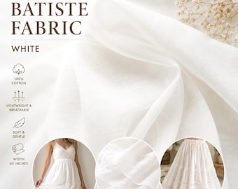 White Cotton Batiste Fabric by the Yard, 100% Cotton, Lightweight Sheer Breathable Fabric, Baby Clothing, Dresses and Lining, F-19
