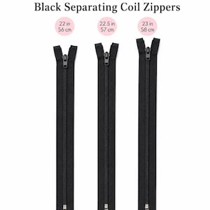 Puede incluir: Tres cremalleras de espiral negras separables con cursores a juego. Las longitudes indicadas son 56 cm, 57 cm y 58 cm. El texto Black Separating Coil Zippers aparece en la parte superior de la imagen sobre los tres elementos de cremallera.