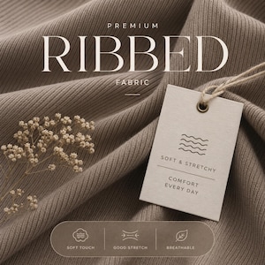 May include: A taupe ribbed fabric with a rectangular tag attached by a string. The tag features the text SOFT & STRETCHY and COMFORT EVERY DAY with a wave icon. The image includes the text PREMIUM RIBBED FABRIC and icons for soft touch, stretch, and breathability.