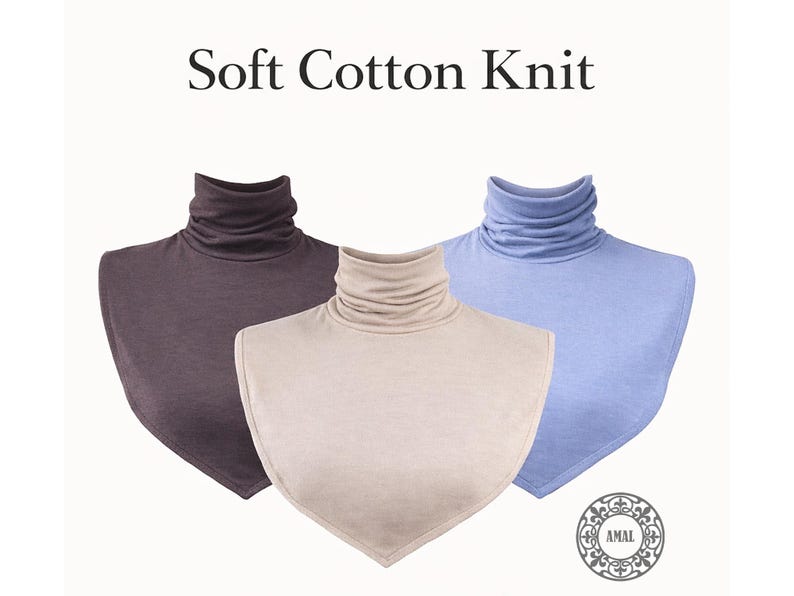 May include: Three soft cotton knit turtleneck collars in brown, beige, and light blue. The collars are displayed on a white background. The text "Soft Cotton Knit" is at the top of the image.