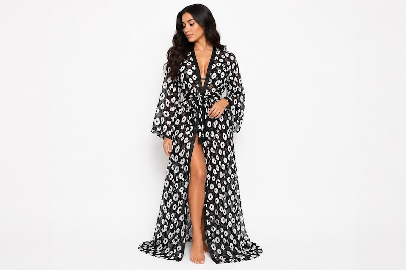 Luxury Floral Chiffon Robe, Sheer Long Kimono Robe, Black Floral ...