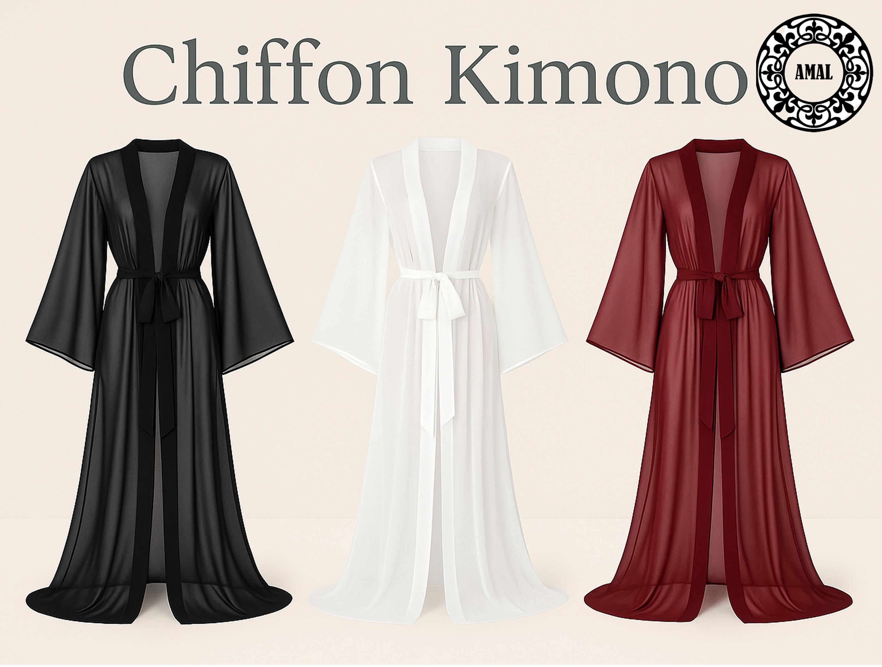 AMAL. Floor-length Chiffon Kimono Robe – Black, Sheer & Lightweight ...