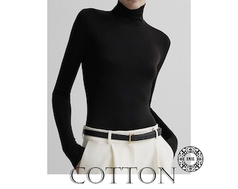 Amal, Women's Cotton Turtleneck Top | Soft Cotton Spandex Long Sleeve Top | 5.5″ High Neck | 45 Colors, USA