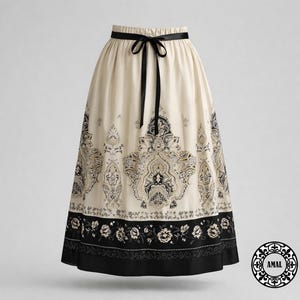 AMAL. Elegant Border Print Midi Skirt with Pockets | Fully Lined Skirt | Elastic Waist with Tie Belt | Modest Everyday Skirt. USA. Model-143