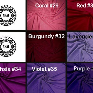 May include: A selection of fabric swatches in shades of red, purple, and lavender, each labelled with a colour name and number. The colours include "Coral #29," "Red #30," "Burgundy #32," "Lavender #33," "Fuchsia #34," "Violet #35," and "Purple #36."