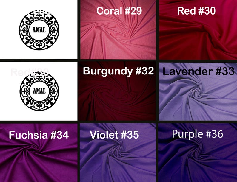 May include: A selection of fabric swatches in shades of red, purple, and lavender, each labelled with a colour name and number. The colours include "Coral #29," "Red #30," "Burgundy #32," "Lavender #33," "Fuchsia #34," "Violet #35," and "Purple #36."