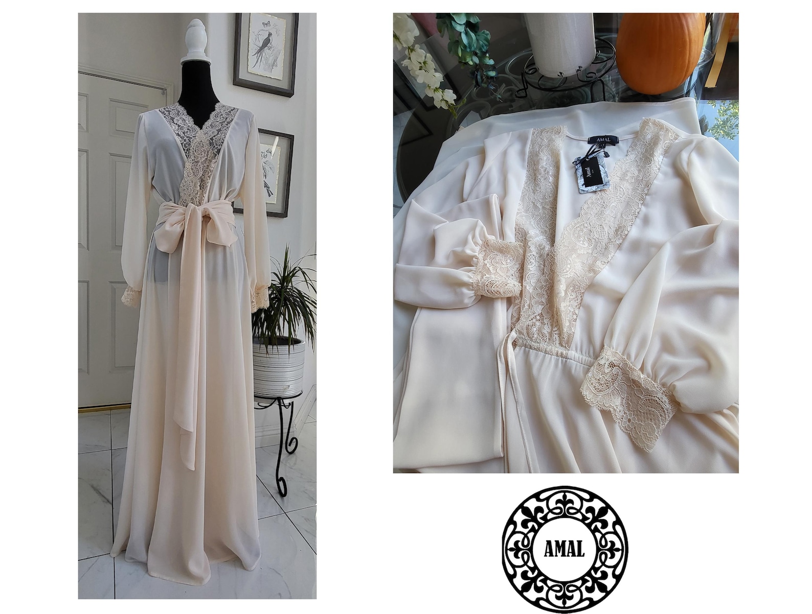 AMAL. Long Sheer Black Chiffon Robe With Lace Trim and Belt, Model 138 ...