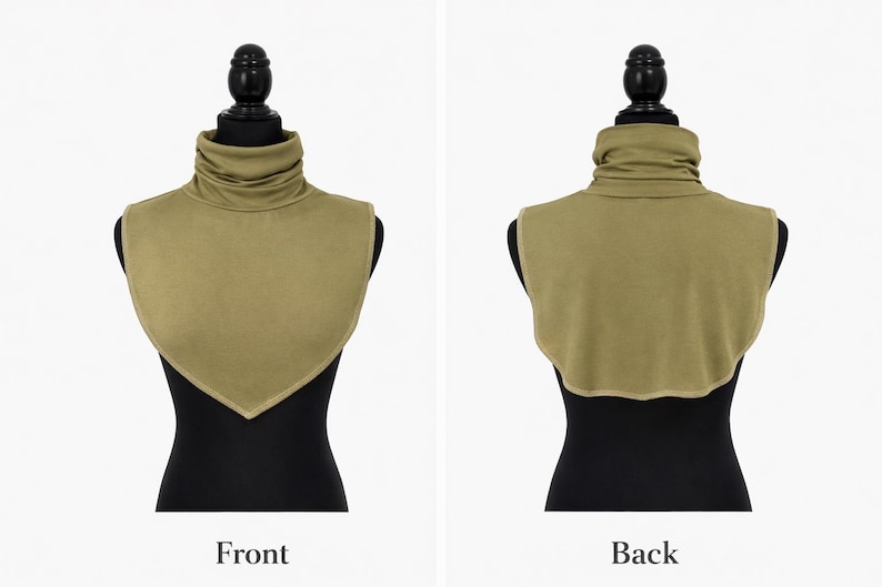 May include: Olive green turtleneck collar, displayed on a black mannequin. The front view has a pointed bottom, the back view has a rounded edge. The fabric appears soft, offering a versatile accessory for various outfits.