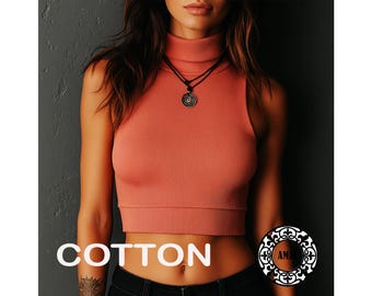 AMAL COTTON Ribbed Sleeveless Ribbed Turtleneck Crop Top/Fitted High Neck Knit Tank. USA