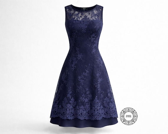 blue lace dress with white underlay By & By Navy Juniors Blue and White Dress Size 3 Lace Detail Slip Underlay