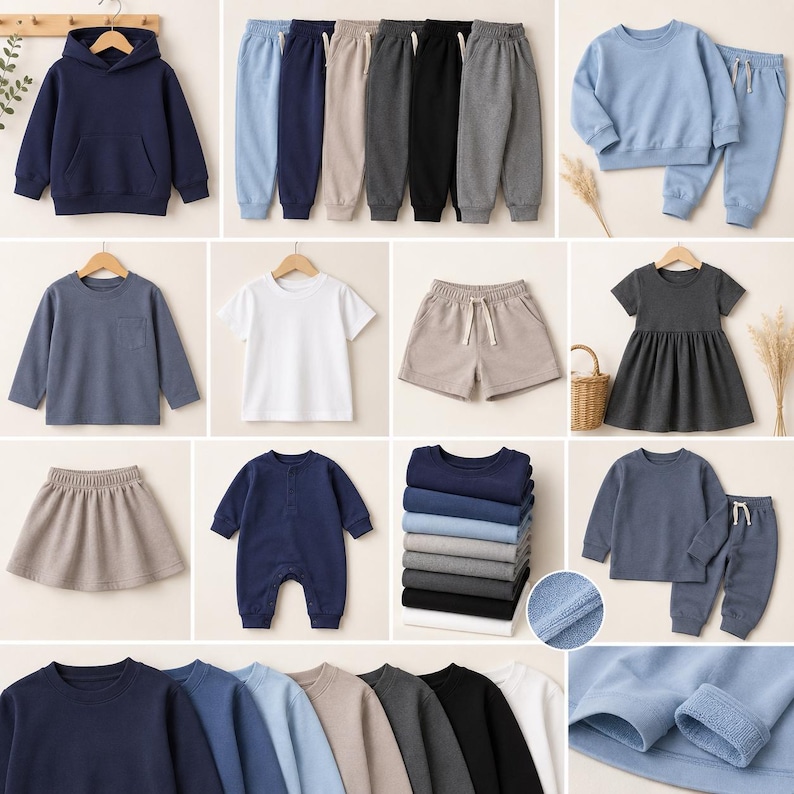 May include: A collection of children's clothing including a navy hoodie, various colored sweatpants, a light blue sweatshirt set, a long-sleeve shirt with a pocket, a white t-shirt, beige shorts, a dark dress, a skirt, a navy romper, and folded shirts.