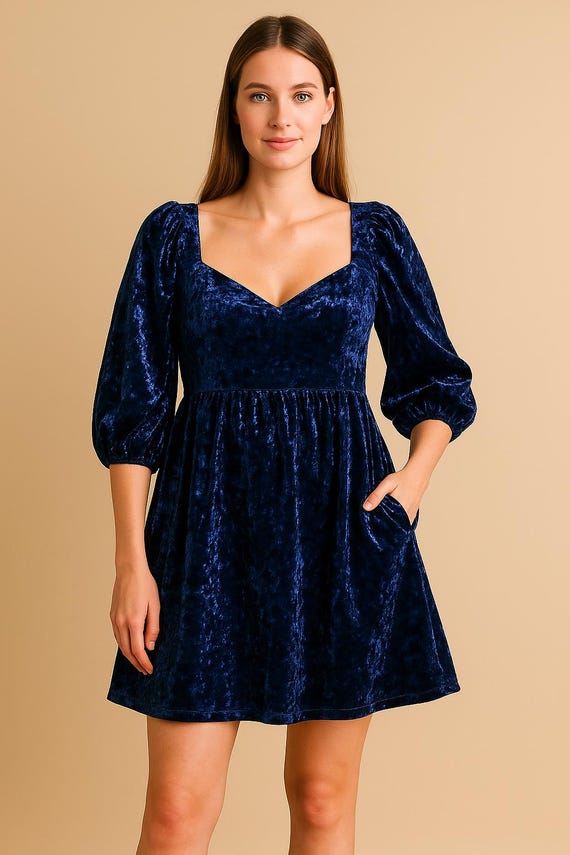 Crushed Velvet Dress in Multiple Colors - Handmade Puff Sleeve Dress, Made to Order Crushed Velvet Dress in Multiple Colors - Handmade Puff Sleeve Dress, Made to Order