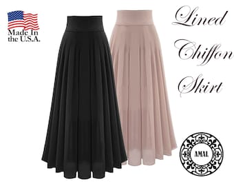 AMAL. Women's Basic Long Maxi Chiffon Skirt With Wide Belt. USA. Model 111.