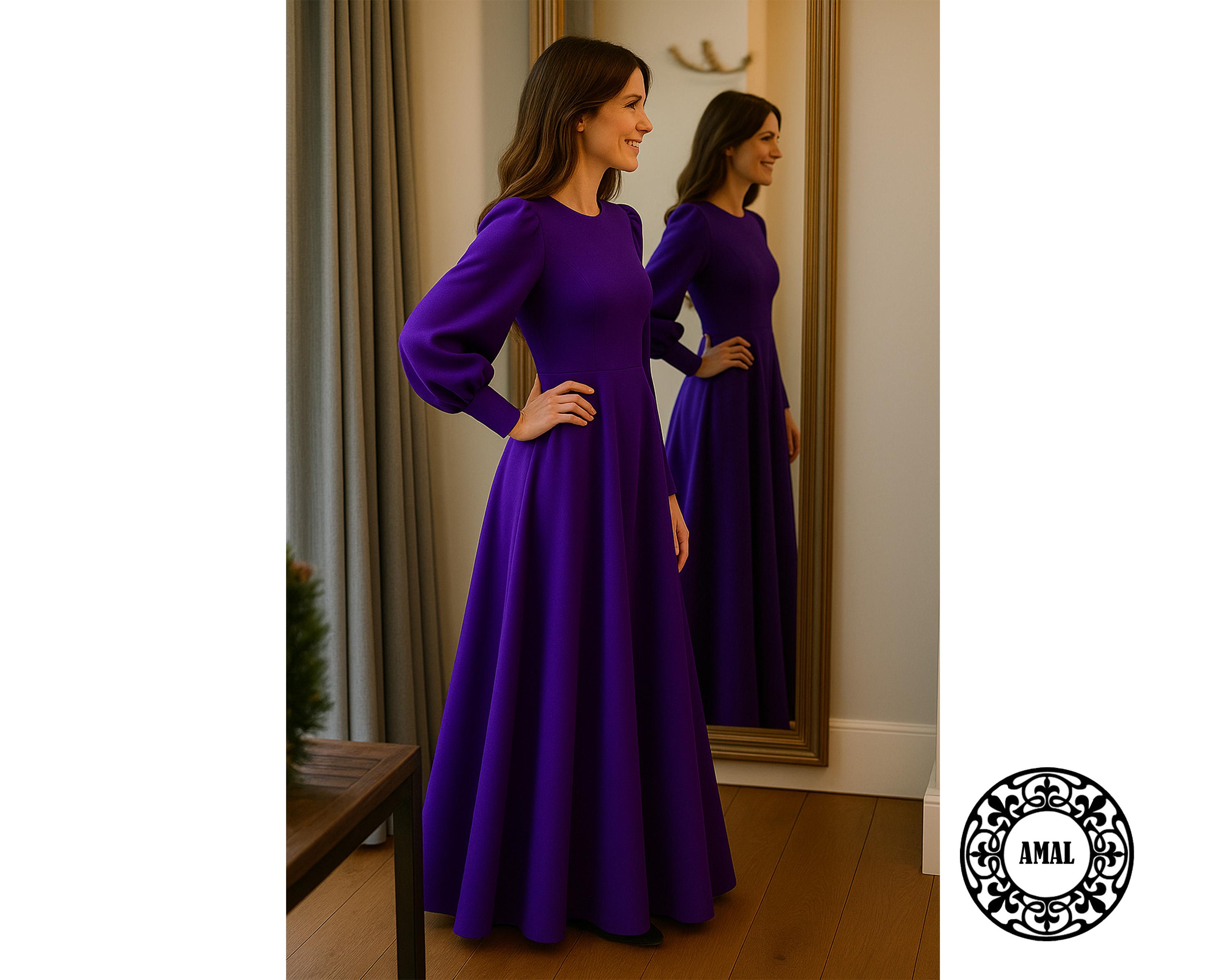 Amal, Jersey Maxi Dress with Puff Sleeves and Long Cuffs, USA, Model 142