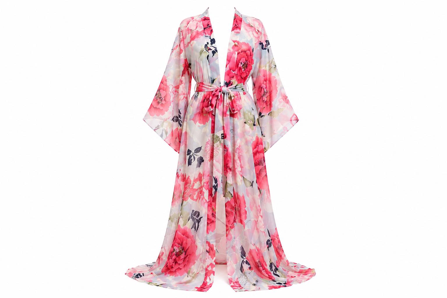 Luxury Floral Chiffon Robe, Sheer Long Kimono Robe, Black Floral ...