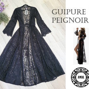Amal. Long Guipure Peignoir. Women Lace Open Front. Swimsuit Beach Long Kimono.