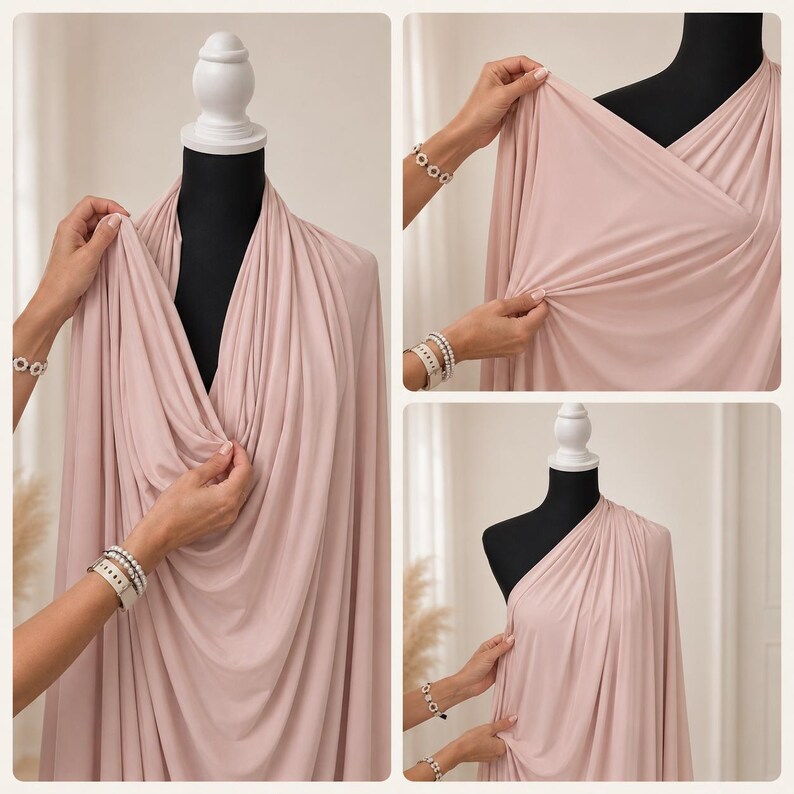 May include: A soft, light pink fabric draped over a mannequin. The material is shown in three different views, highlighting its fluid, stretchy texture and matte finish. The fabric is gathered and pulled to demonstrate its drape and flexibility.