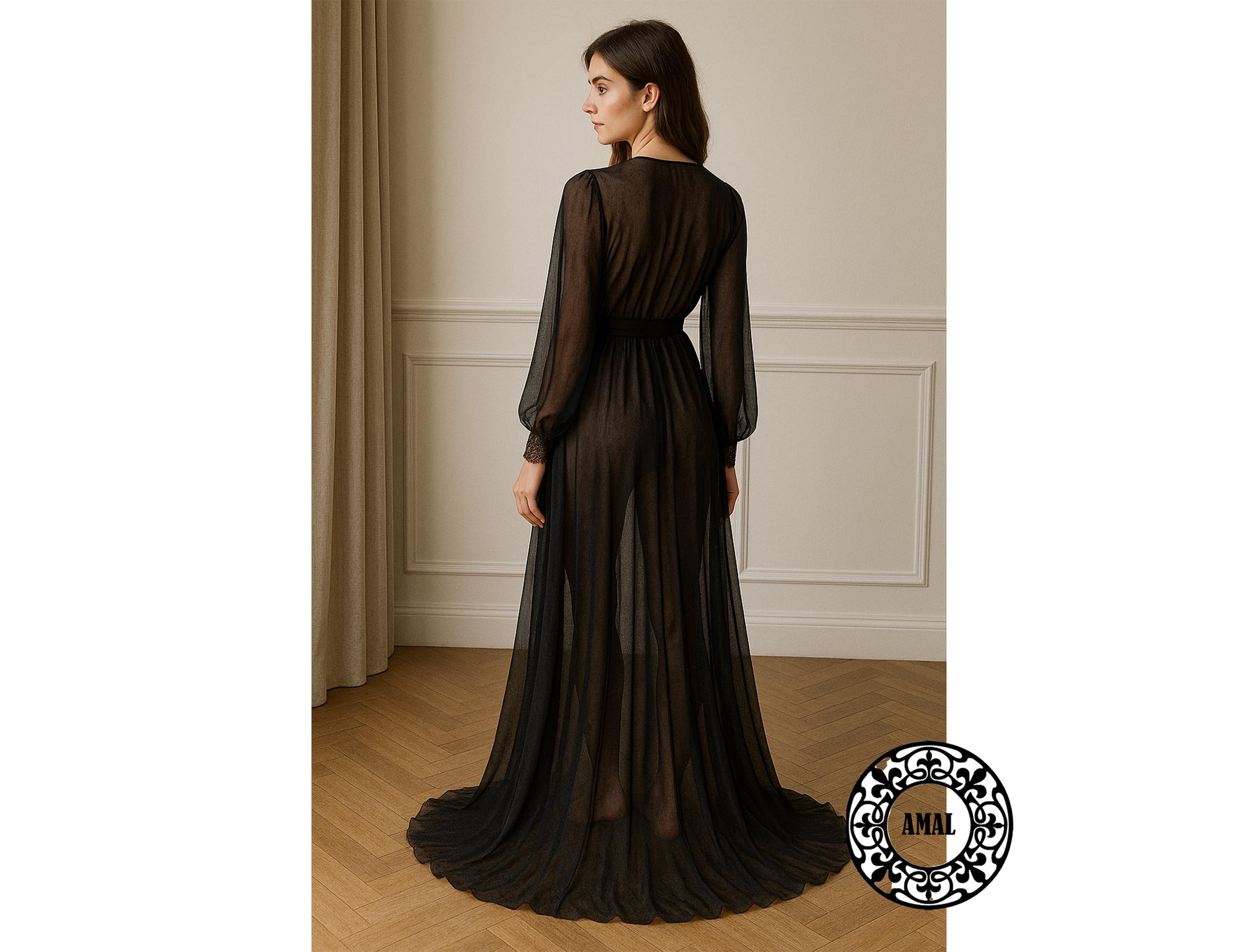 AMAL. Long Sheer Black Chiffon Robe With Lace Trim and Belt, Model 138 ...