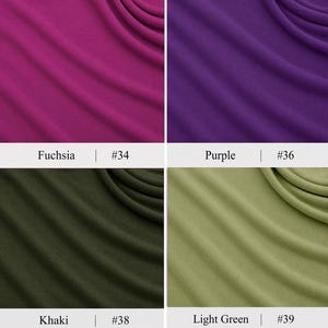 May include: A grid of four fabric swatches featuring draped textures. The top left is fuchsia labelled #34, the top right is purple labelled #36, the bottom left is khaki labelled #38, and the bottom right is light green labelled #39.
