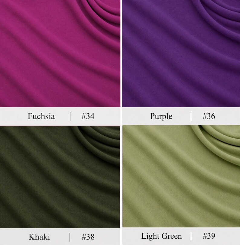 May include: A grid of four fabric swatches featuring draped textures. The top left is fuchsia labelled #34, the top right is purple labelled #36, the bottom left is khaki labelled #38, and the bottom right is light green labelled #39.