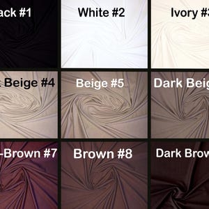 May include: An image displaying fabric swatches in nine colours. The colours are black, white, ivory, light beige, beige, dark beige, rose-brown, brown, and dark brown. Each swatch is labelled with a number and colour name.