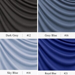 May include: A grid of four fabric swatches featuring draped folds. The top left is dark grey labelled #12, the top right is grey blue labelled #16, the bottom left is sky blue labelled #18, and the bottom right is royal blue labelled #21.