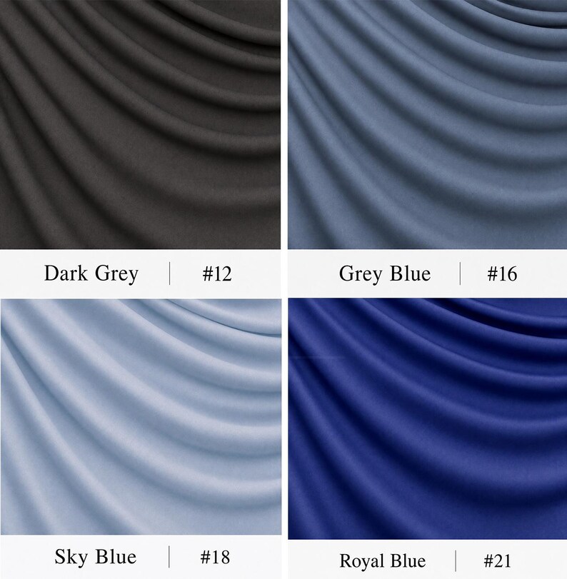 May include: A grid of four fabric swatches featuring draped folds. The top left is dark grey labelled #12, the top right is grey blue labelled #16, the bottom left is sky blue labelled #18, and the bottom right is royal blue labelled #21.