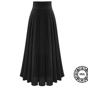 AMAL. Women's Basic Maxi Black Chiffon Skirt. Wide Belt. USA. Model 111.1