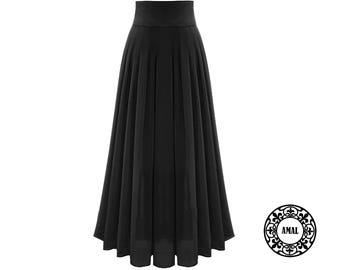 AMALE. Gonna lunga basic in chiffon nero da donna. Cintura larga. U.S.A. Modello 111.1