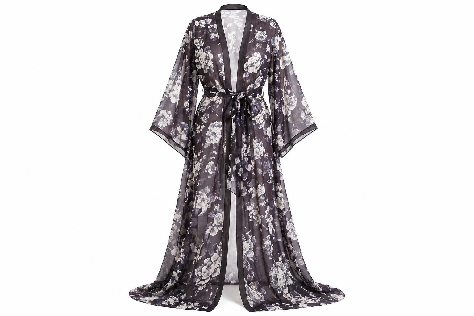 Luxury Floral Chiffon Robe, Sheer Long Kimono Robe, Black Floral ...