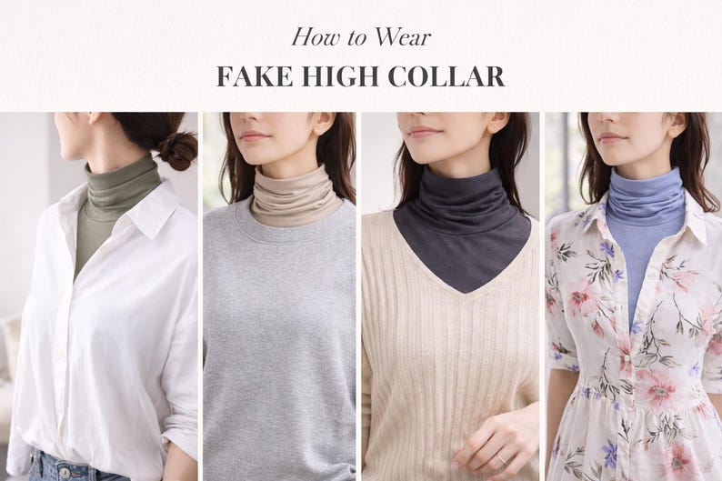 May include: Image demonstrating how to wear a fake high collar. The image shows four different styles of fake collars in shades of green, beige, navy, and light blue. Text at the top reads "How to Wear FAKE HIGH COLLAR".