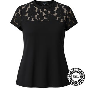 May include: Black short-sleeved top with a round neckline. The top has a sheer floral lace panel across the upper chest and shoulders. The brand name "AMAL" is visible on the label and logo.