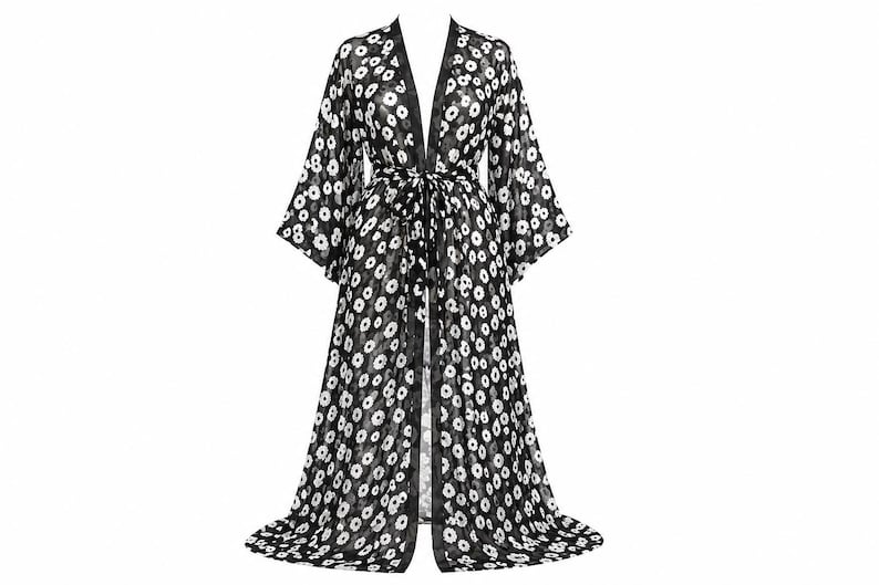 Luxury Floral Chiffon Robe, Sheer Long Kimono Robe, Black Floral ...